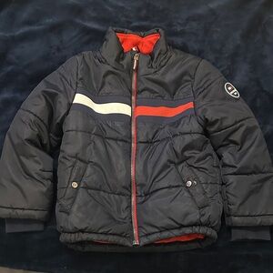 Tommy Hilfiger Navy Puffer Jacket with Red and White Stripes